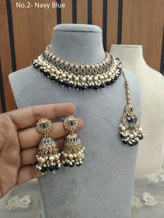 Antique Gold Navy Blue Necklace Set Indian Bridal Anika Jewellery Online