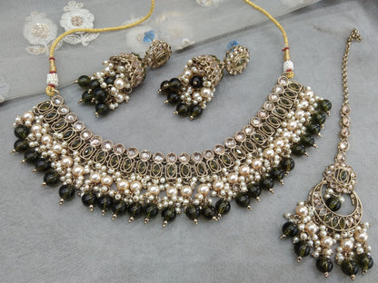 Antique Gold Navy Blue Necklace Set Indian Bridal Anika Jewellery Online