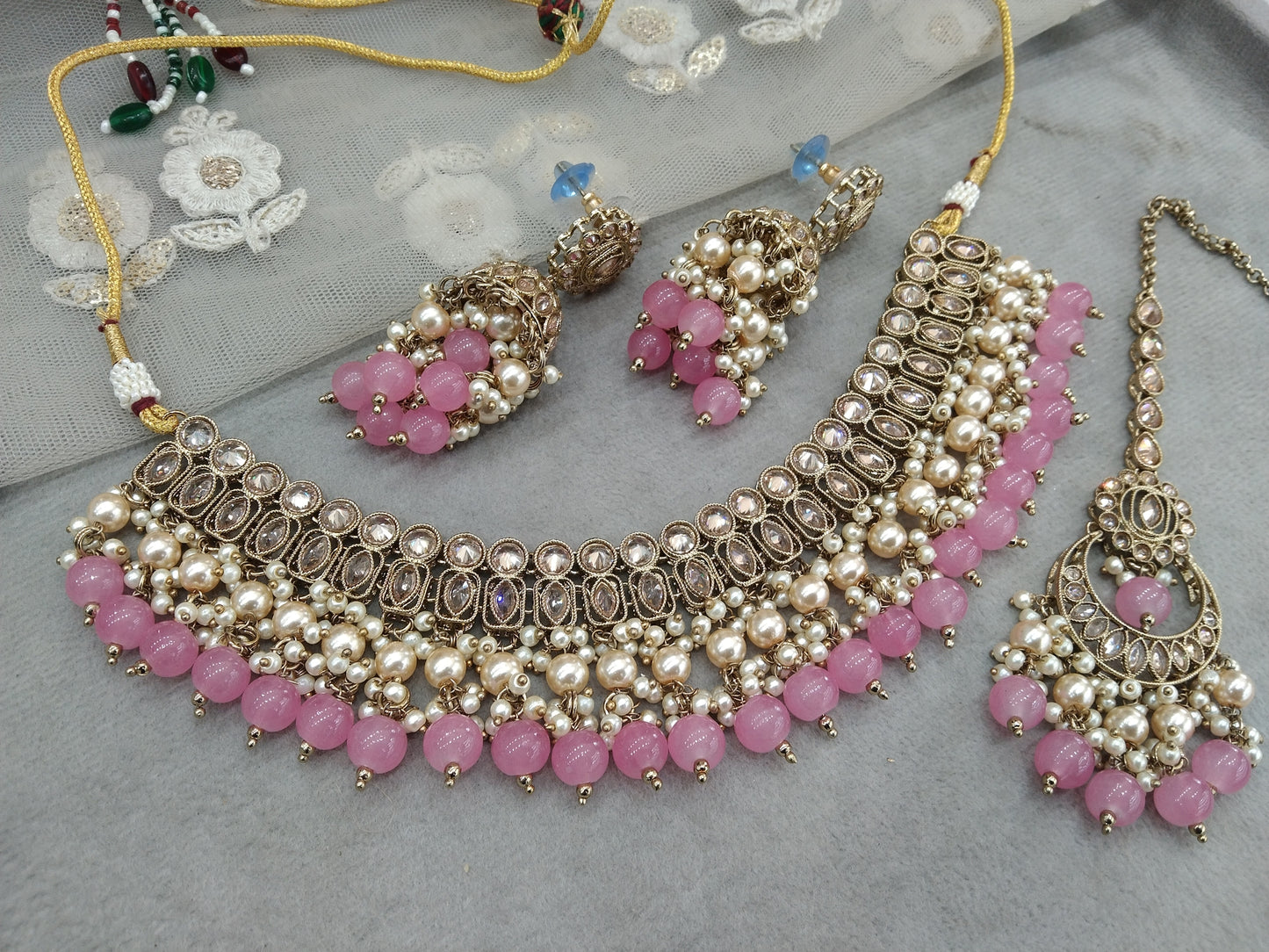 Antique Gold Pink Necklace Set Indian Bridal Anika Jewellery Online