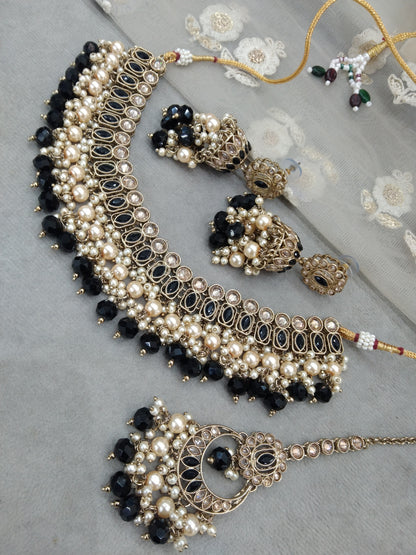 Antique Gold Black Necklace Set Indian Bridal Anika Jewellery Online