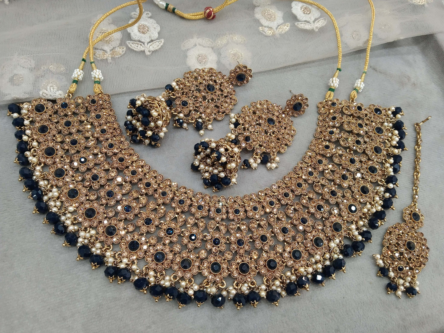 Indian Jewellery/Semi Bridal Gold Navy Blue  jewellery Necklace Aditi set