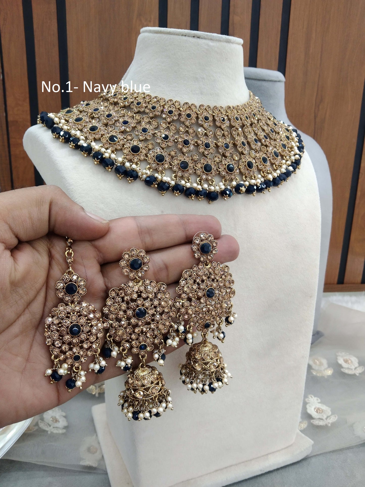 Indian Jewellery/Semi Bridal Gold Navy Blue  jewellery Necklace Aditi set