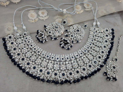 Indian Jewellery/Semi Bridal Silver Navy Blue  jewellery Necklace Aditi set