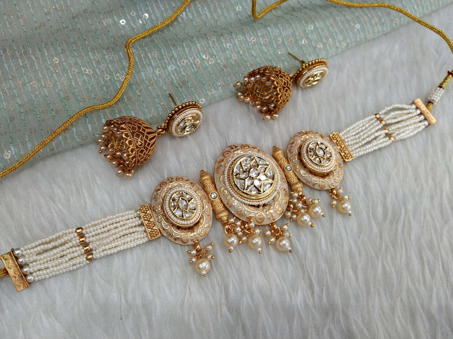 Gold Polki Necklace Set Indian Rossy Jewellery