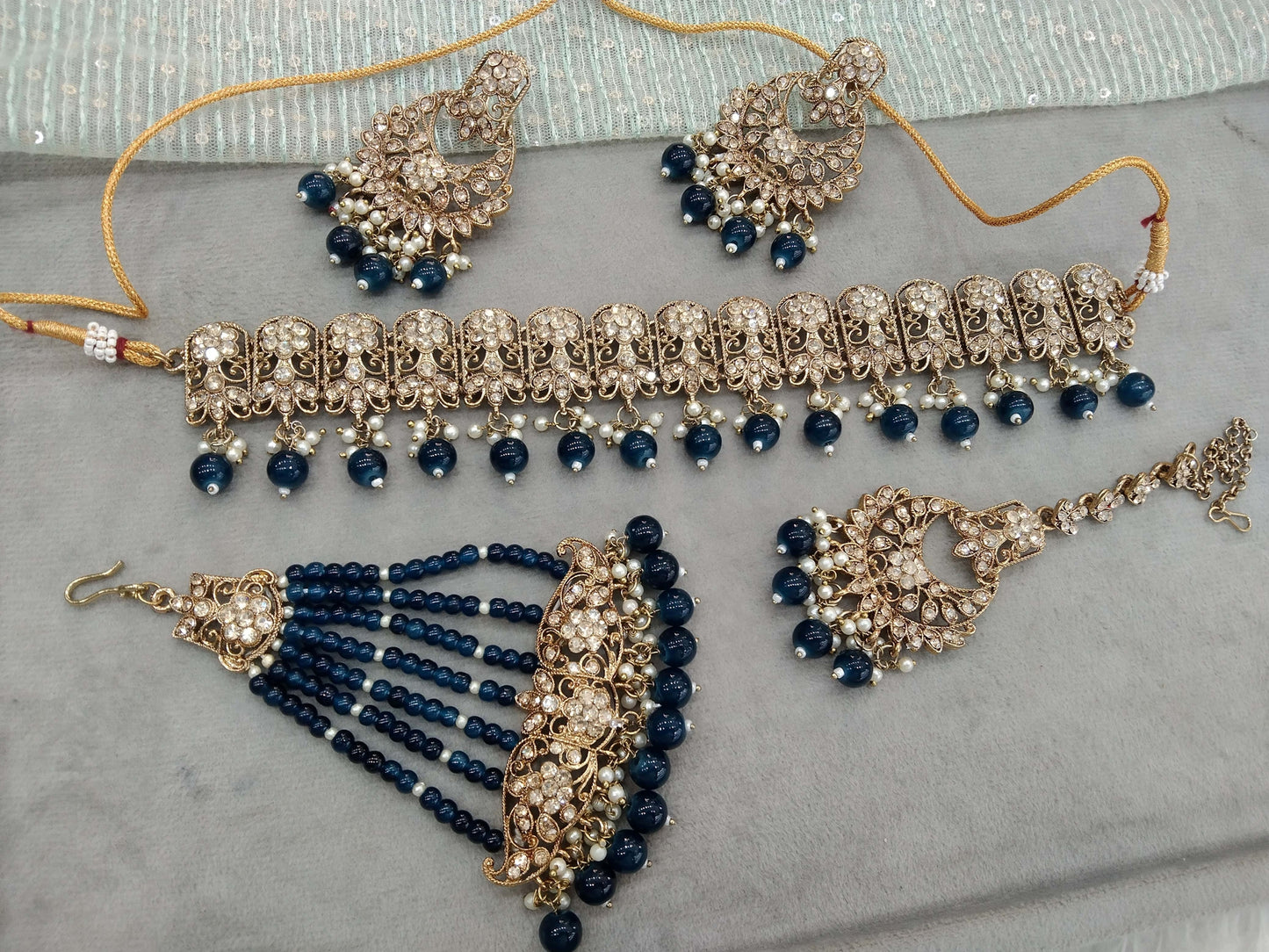 Choker Set / Navy Blue Choker Jewellery set with Jhumar /Indian Tejasvi choker set