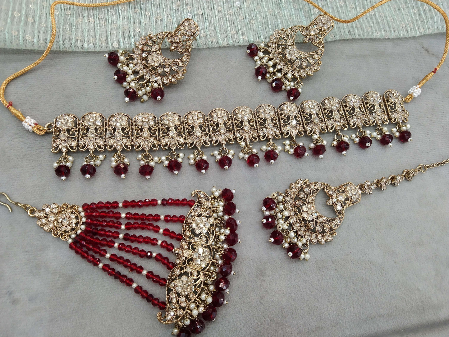 Choker Set / Maroon Choker Jewellery set with Jhumar /Indian Tejasvi choker set