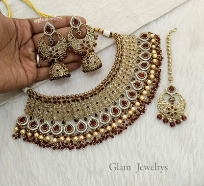 Antique Gold Jewellery Maroon Choker Set /Antique gold finish Jewellery Alisha set