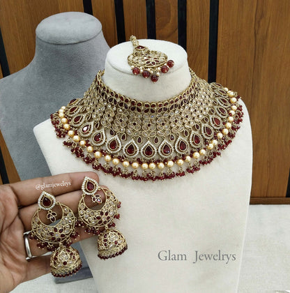 Antique Gold Jewellery Maroon Choker Set /Antique gold finish Jewellery Alisha set