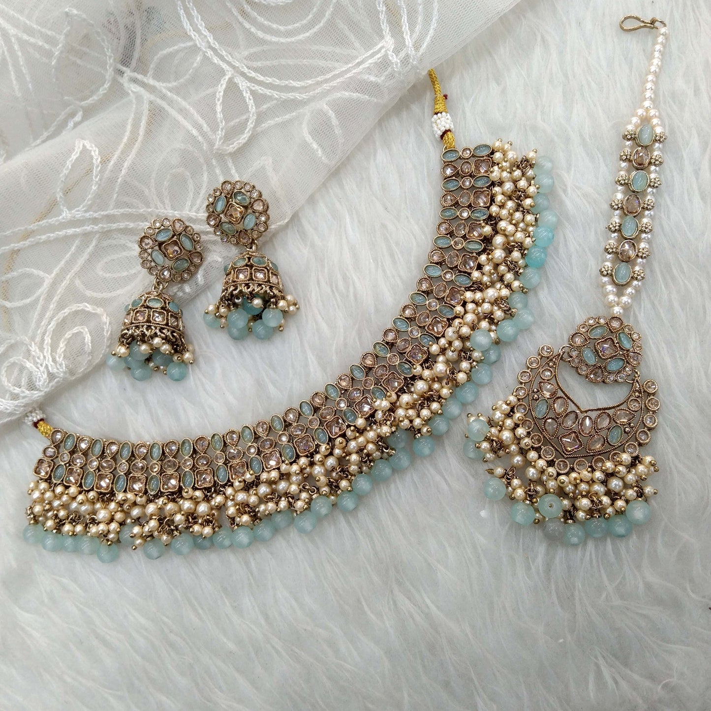 Indian  Jewellery Antique Gold Sea Green necklace Tikka Set/Gold Bollywood Juhi Set