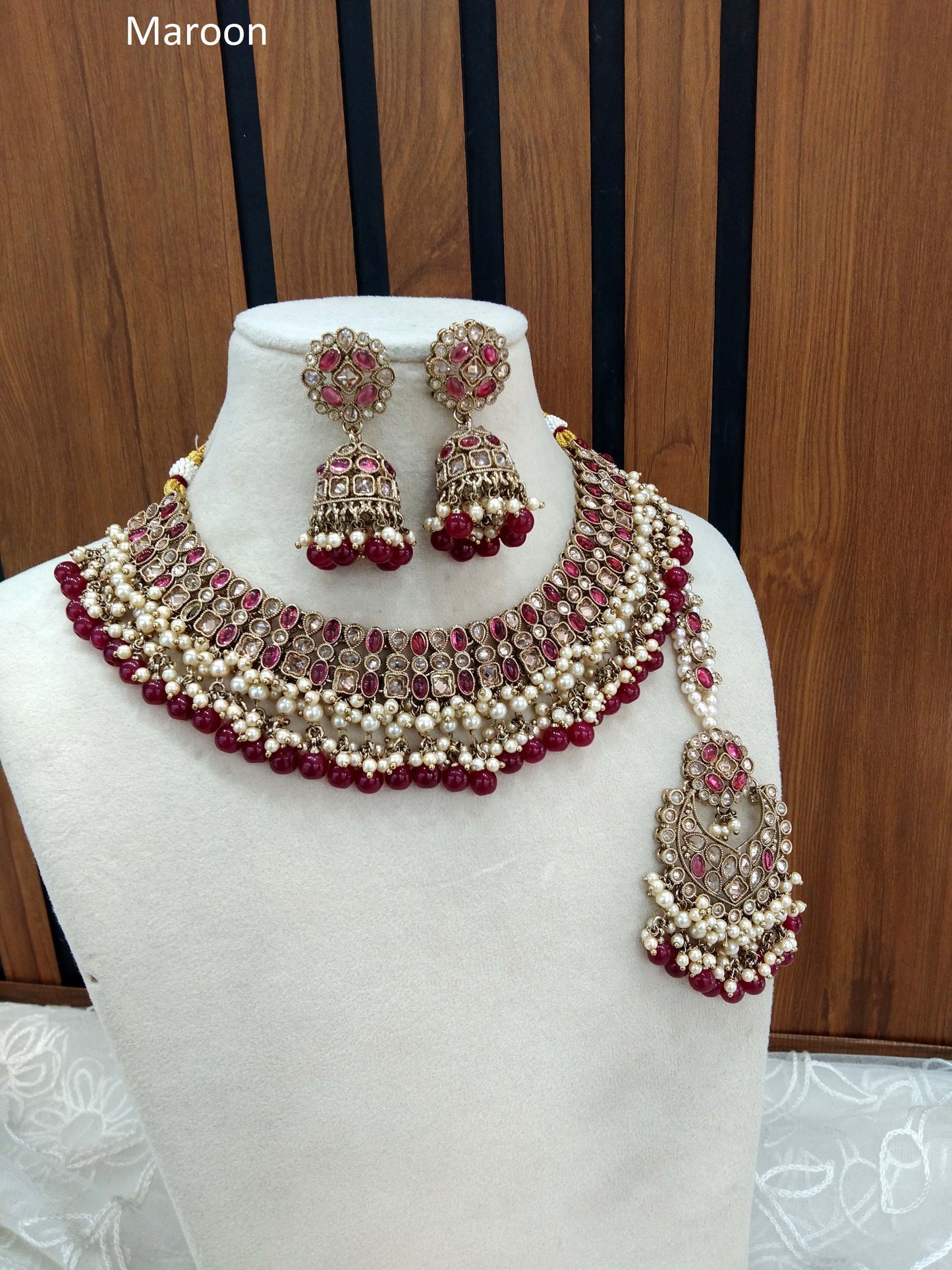 Indian  Jewellery Antique Gold Maroon necklace Tikka Set/Gold Bollywood Juhi Set