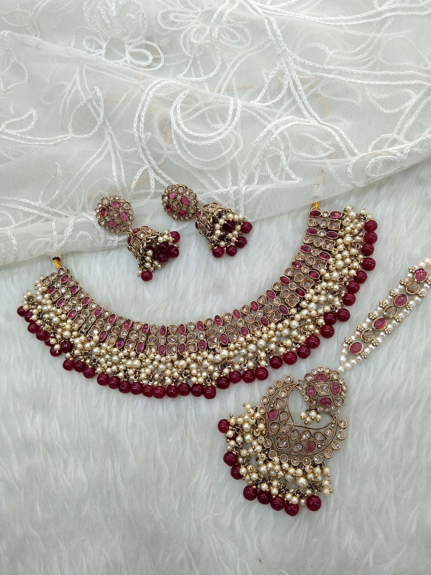 Indian  Jewellery Antique Gold Maroon necklace Tikka Set/Gold Bollywood Juhi Set