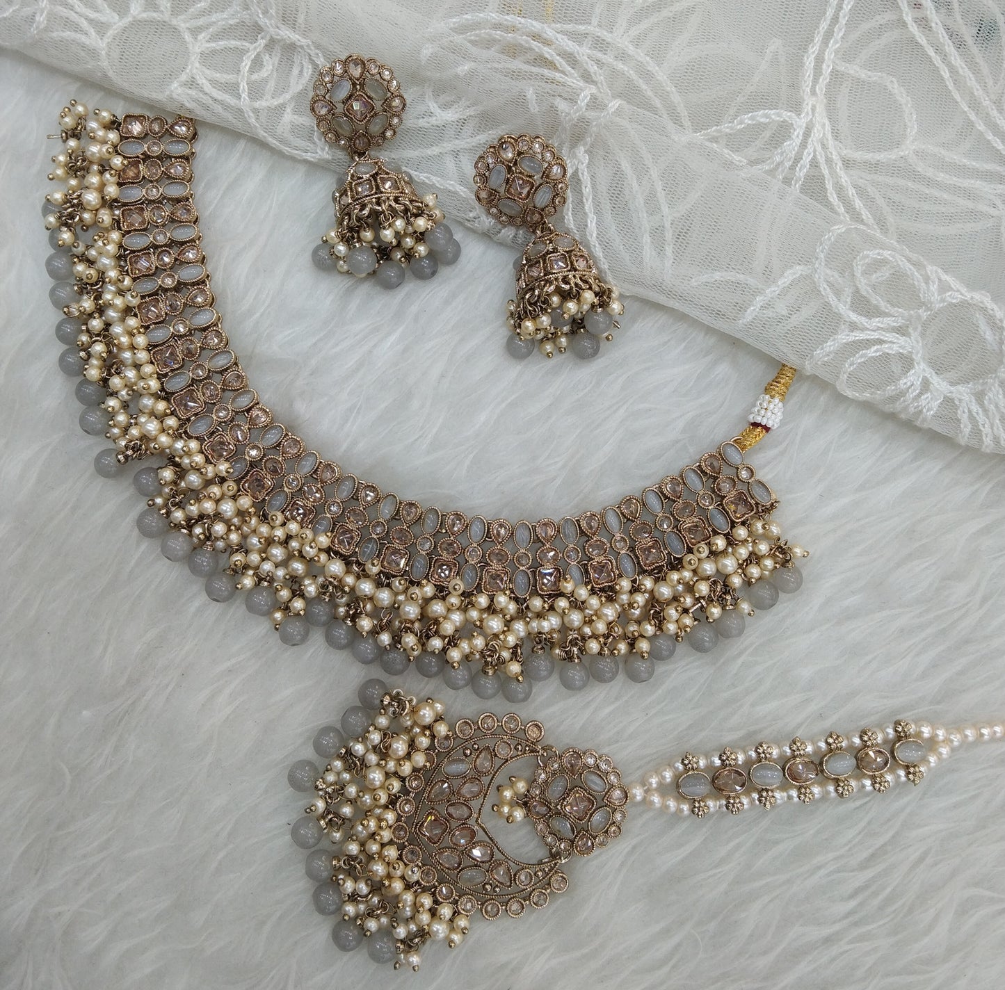 Indian  Jewellery Antique Gold Grey necklace Tikka Set/juhi