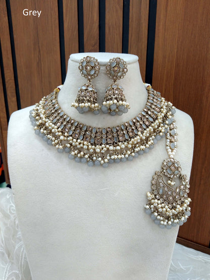 Indian  Jewellery Antique Gold Grey necklace Tikka Set/juhi