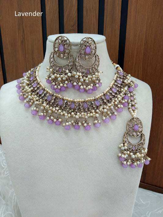 Indian  Jewellery Antique Gold Lavender necklace Tikka Set/Gold Bollywood Jass Set