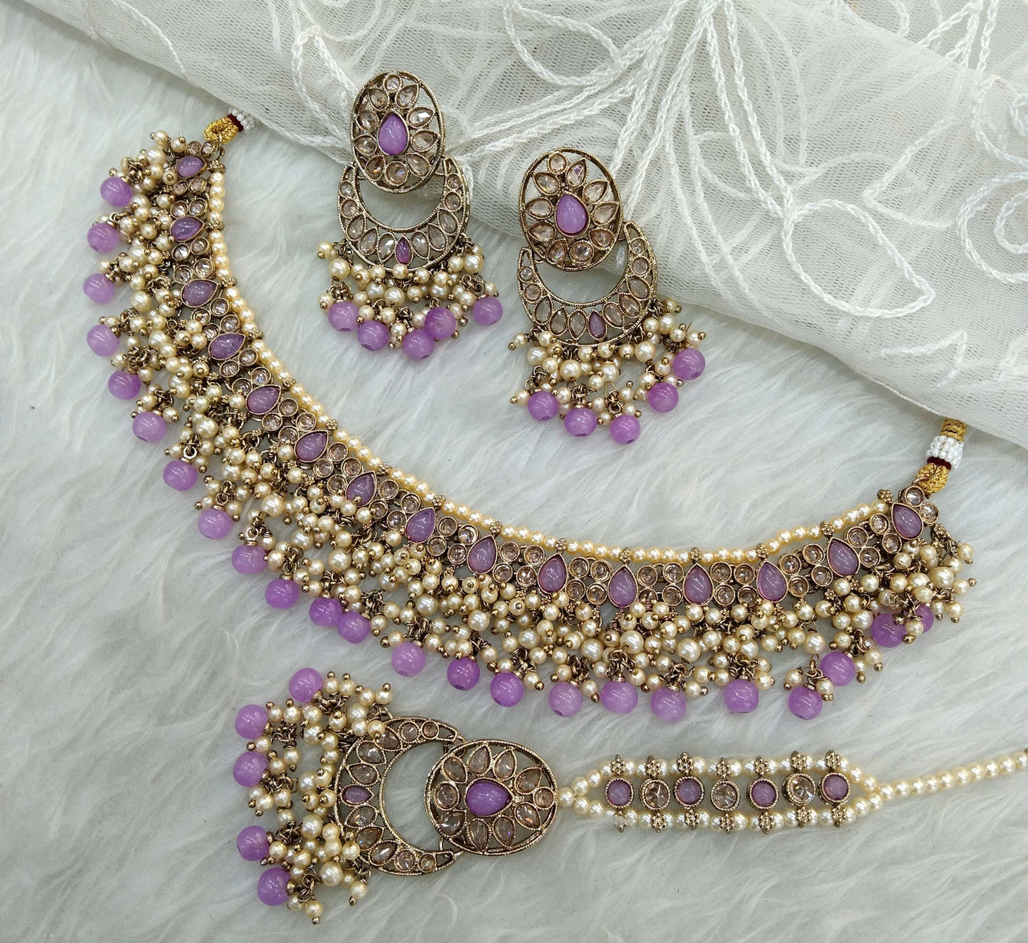 Indian  Jewellery Antique Gold Lavender necklace Tikka Set/Gold Bollywood Jass Set