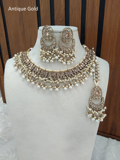 Indian  Jewellery Antique Gold necklace Tikka Set/Gold Bollywood Jass Set