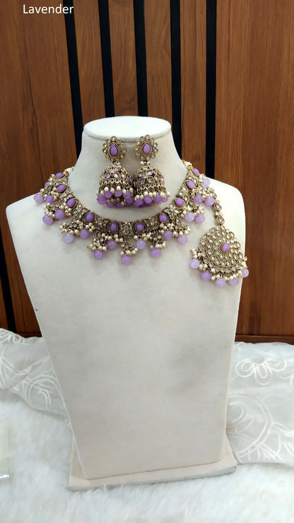 Indian  Jewellery Antique Gold Lavender necklace Tikka Set/Gold Bollywood Disha Set