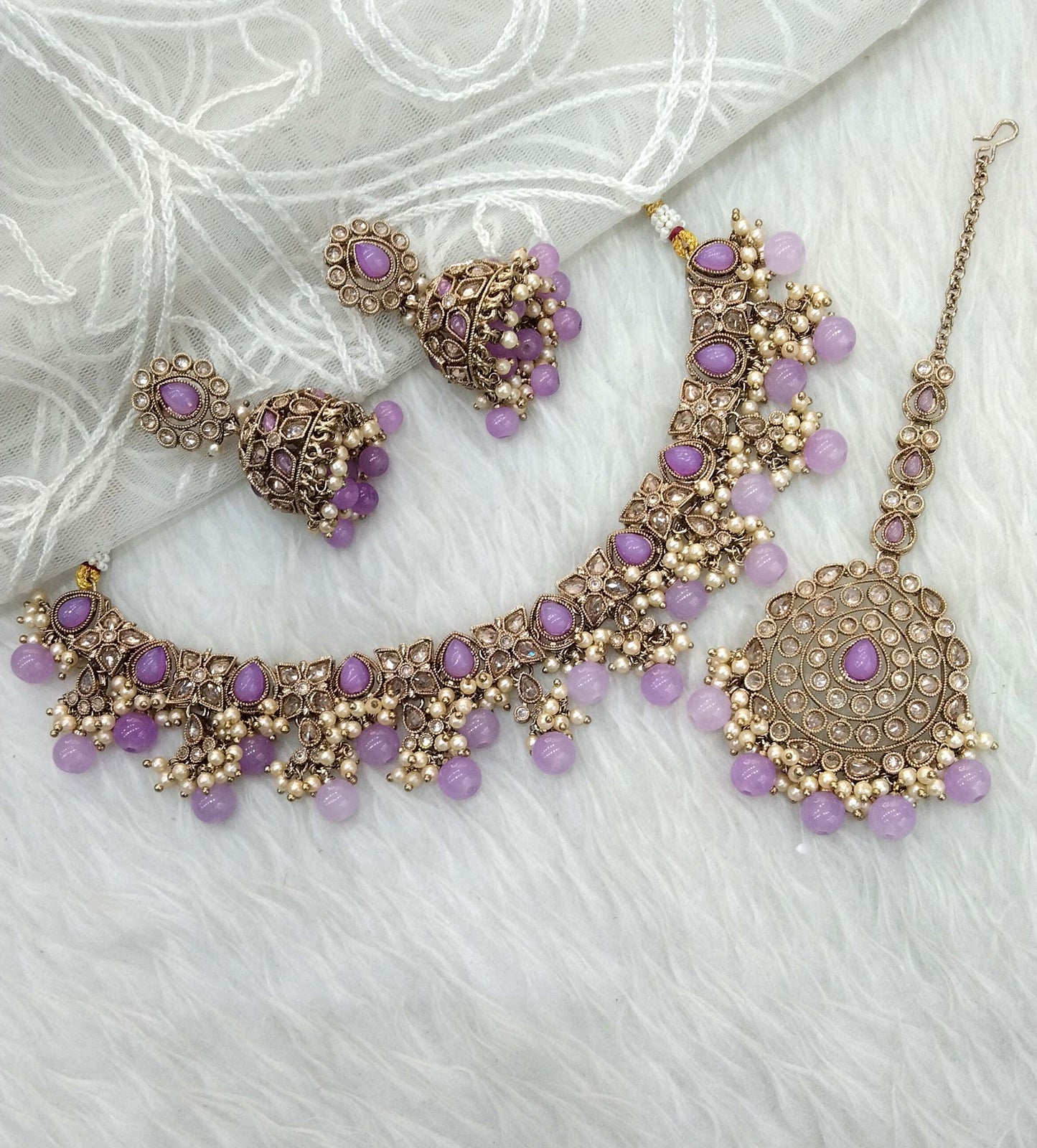 Indian  Jewellery Antique Gold Lavender necklace Tikka Set/Gold Bollywood Disha Set