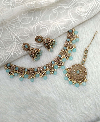 Indian  Jewellery Antique Gold Sky Blue necklace Tikka Set/Gold Bollywood Disha Set