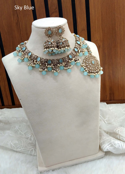 Indian  Jewellery Antique Gold Sky Blue necklace Tikka Set/Gold Bollywood Disha Set