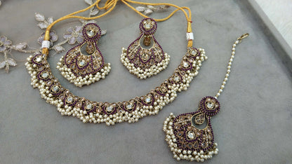 Antique Gold Purple Necklace Set/ Dark Gold Indian Bridal Alaia Jewellery Online