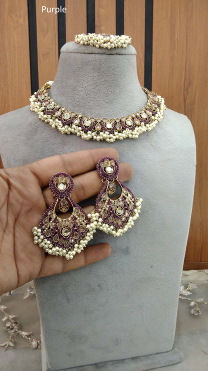 Antique Gold Purple Necklace Set/ Dark Gold Indian Bridal Alaia Jewellery Online