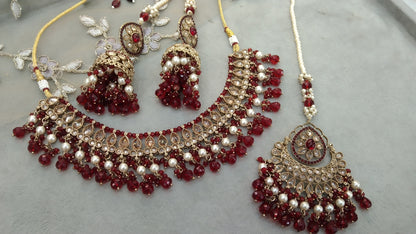 Indian  Jewellery Antique Gold  Maroon  necklace Tikka Set/Gold Bollywood Ruhi Set