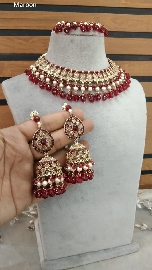 Indian  Jewellery Antique Gold  Maroon  necklace Tikka Set/Gold Bollywood Ruhi Set