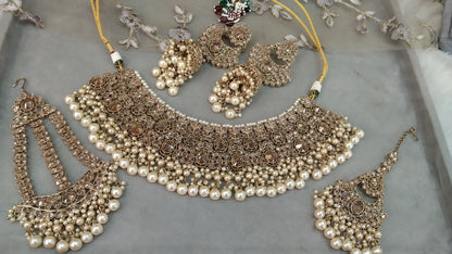 Indian  Jewellery Antique Gold necklace Tikka and jhumar Set/Gold Bollywood Divya Set