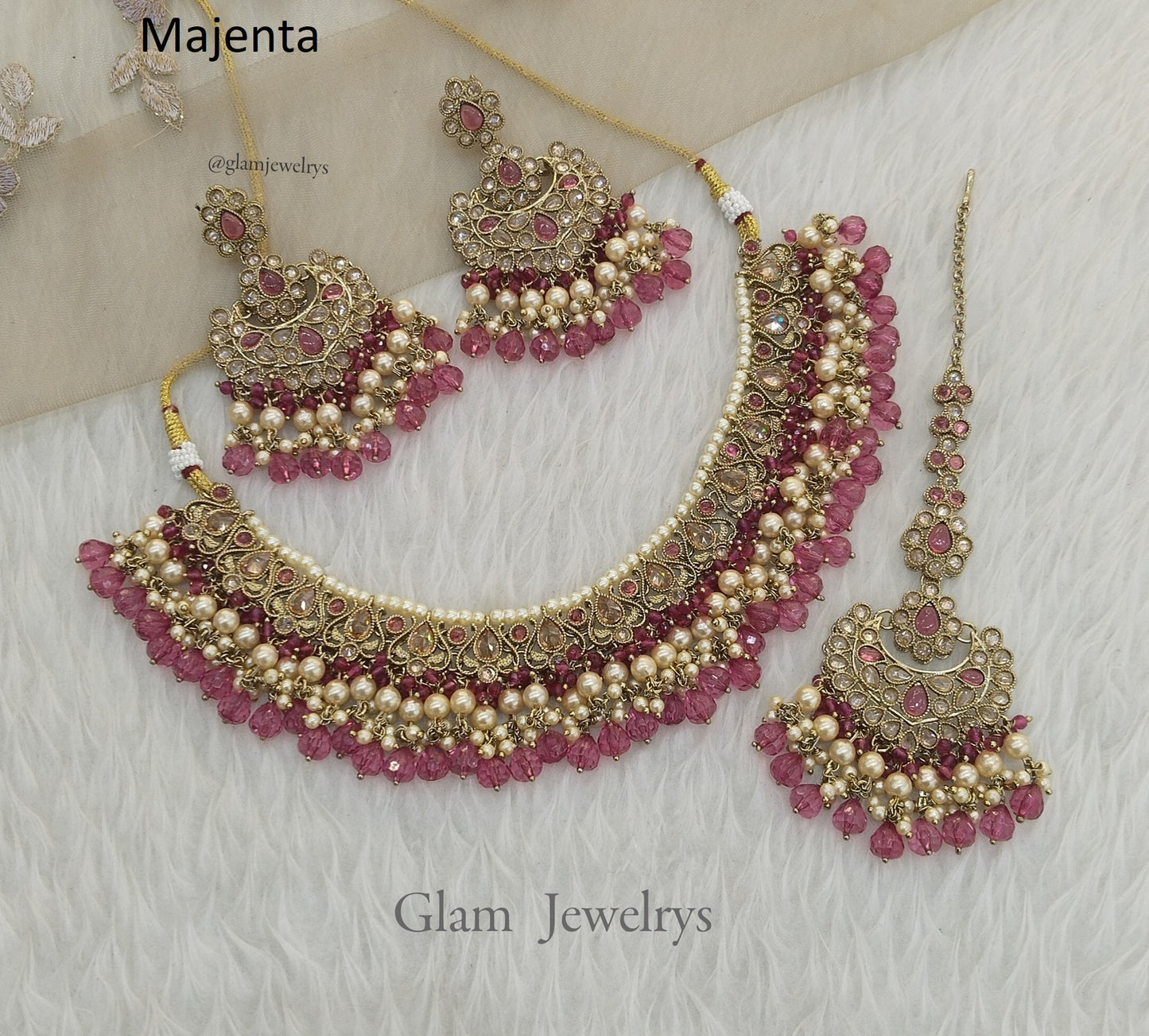 Indian  Jewellery Antique Gold Majenta necklace Tikka Set/ Parisha