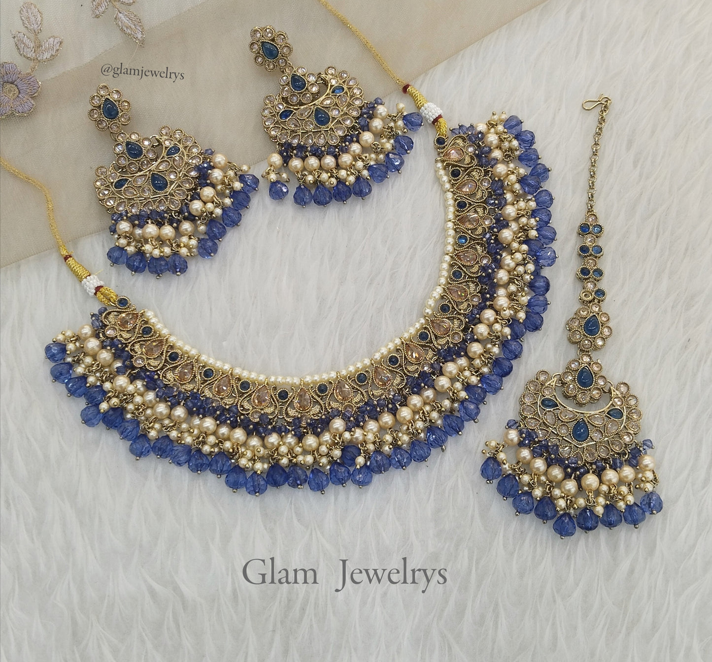 Indian  Jewellery Antique Gold Navy blue necklace Tikka Set/ Parisha