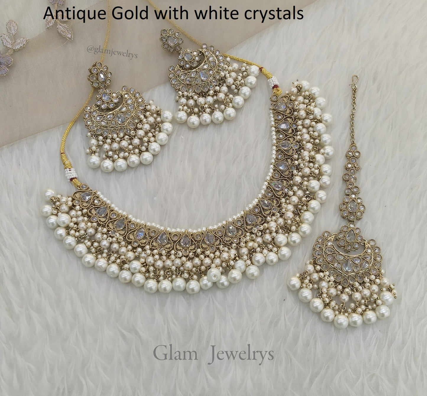 Indian  Jewellery Antique Gold with white crystals necklace Tikka Set/ Parisha