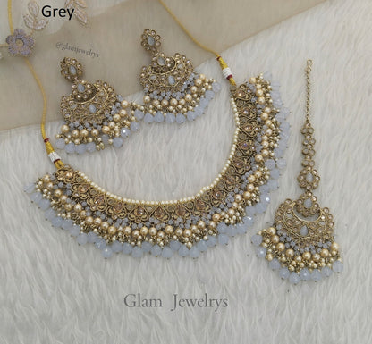 Indian  Jewellery Antique Gold Grey necklace Tikka Set/ Parisha