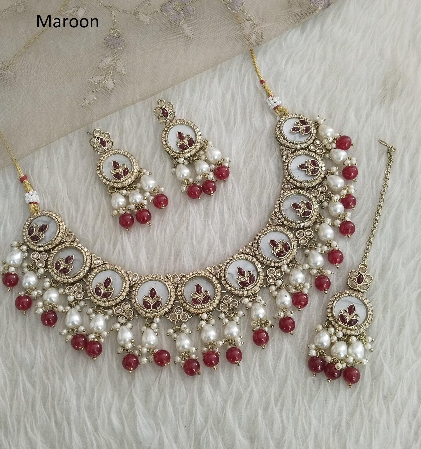 Indian  Jewellery Antique Gold Maroon necklace Tikka Set/ Daisy