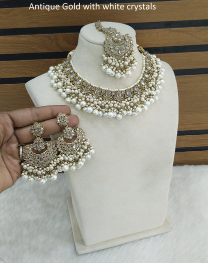 Indian  Jewellery Antique Gold with white crystals necklace Tikka Set/ Parisha