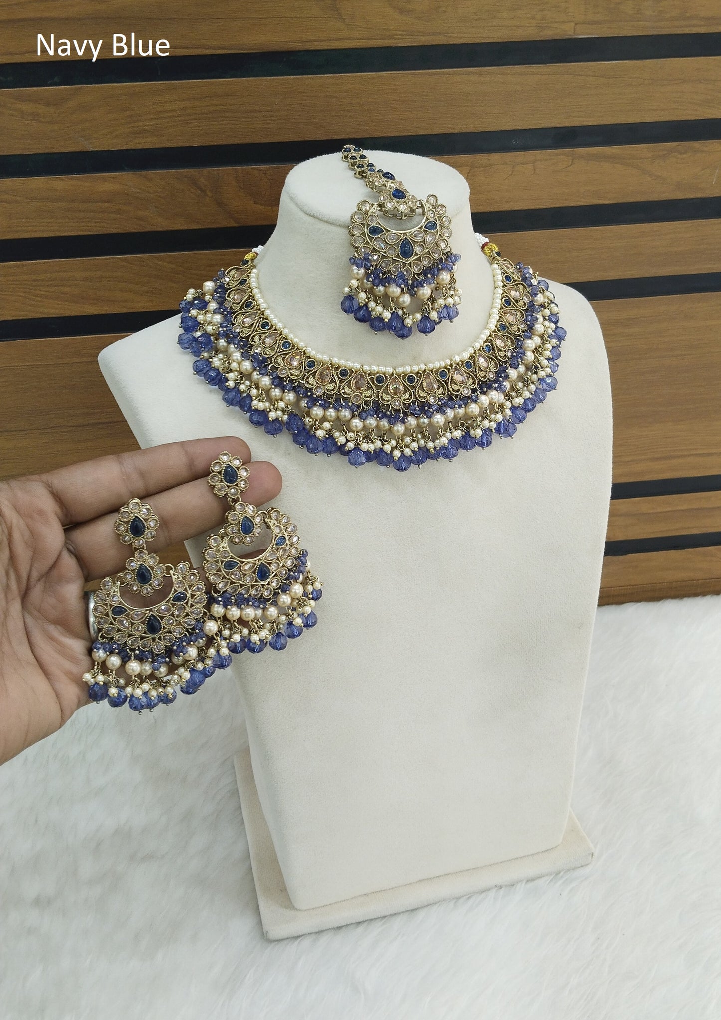 Indian  Jewellery Antique Gold Navy blue necklace Tikka Set/ Parisha