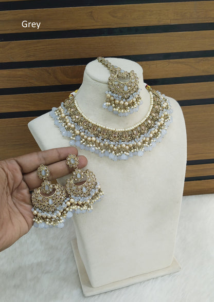 Indian  Jewellery Antique Gold Grey necklace Tikka Set/ Parisha