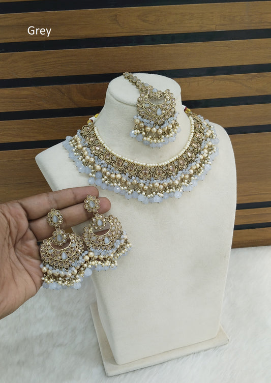 Indian  Jewellery Antique Gold Grey necklace Tikka Set/ Parisha