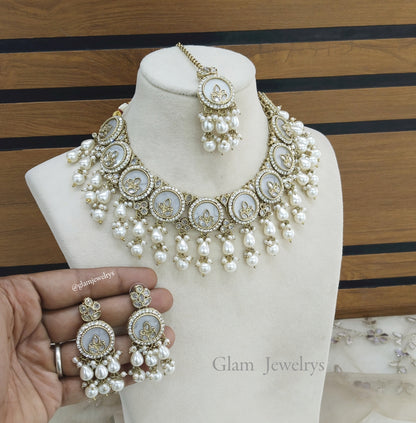 Indian  Jewellery Antique White necklace Tikka Set/ Daisy