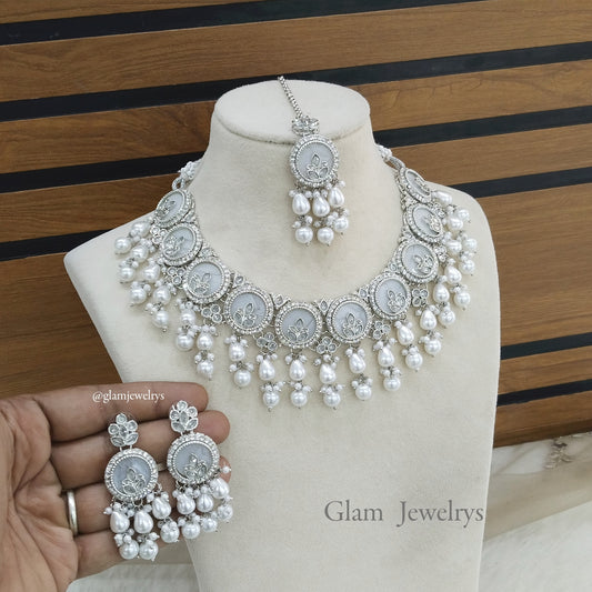 Indian  Jewellery silver necklace Tikka Set/ Daisy