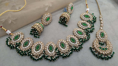 Antique Gold Green Necklace Set/ Dark Gold Indian Bridal Inaaya Jewellery Online