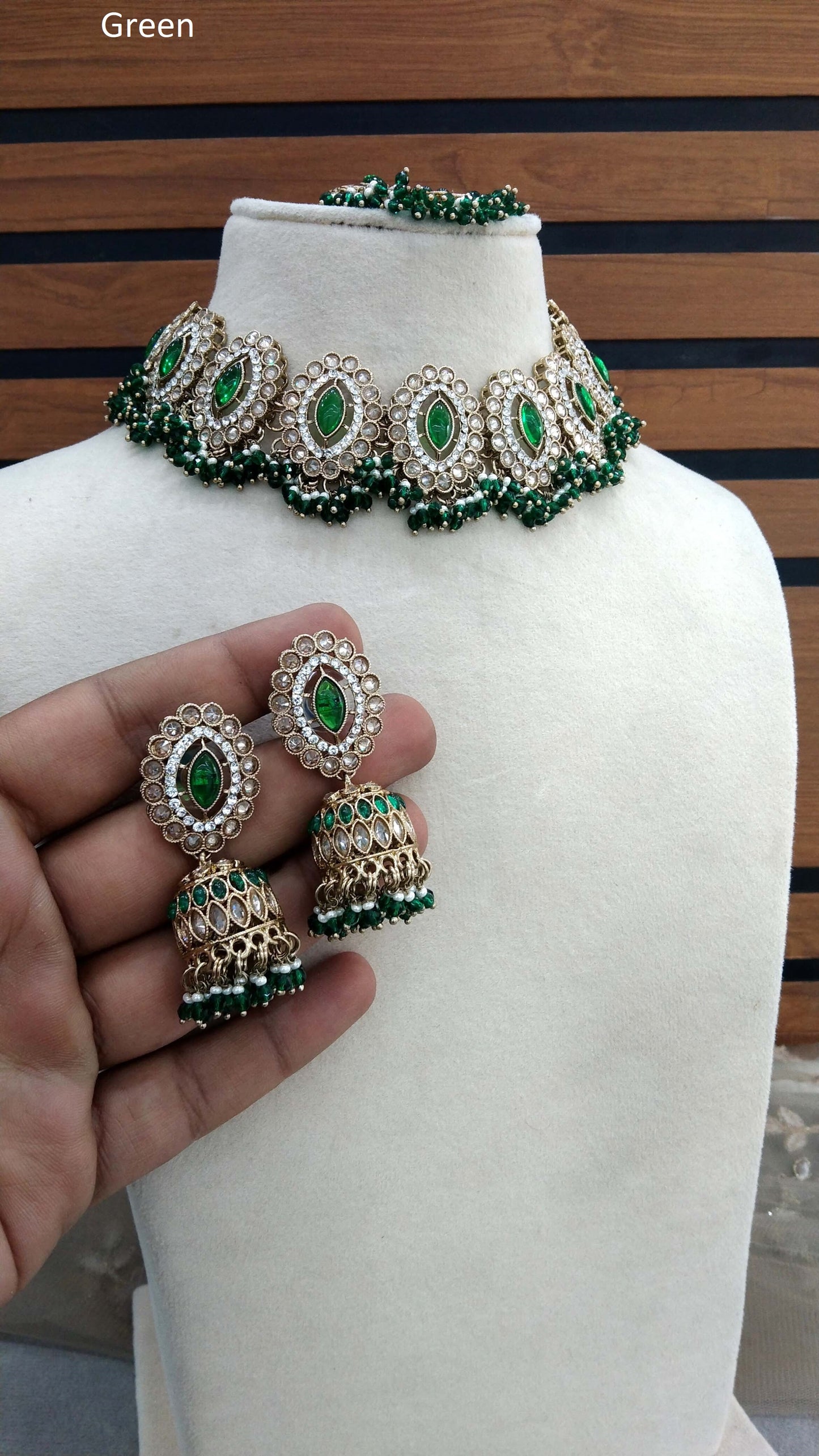 Antique Gold Green Necklace Set/ Dark Gold Indian Bridal Inaaya Jewellery Online