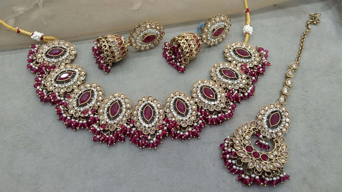 Antique Gold Majenta  Necklace Set/ Dark Gold Indian Bridal Inaaya Jewellery Online