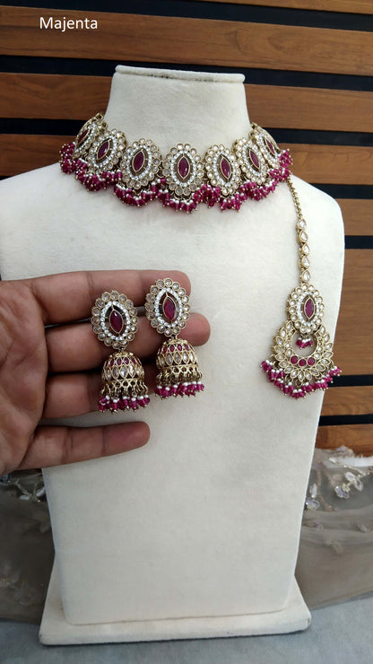 Antique Gold Majenta  Necklace Set/ Dark Gold Indian Bridal Inaaya Jewellery Online