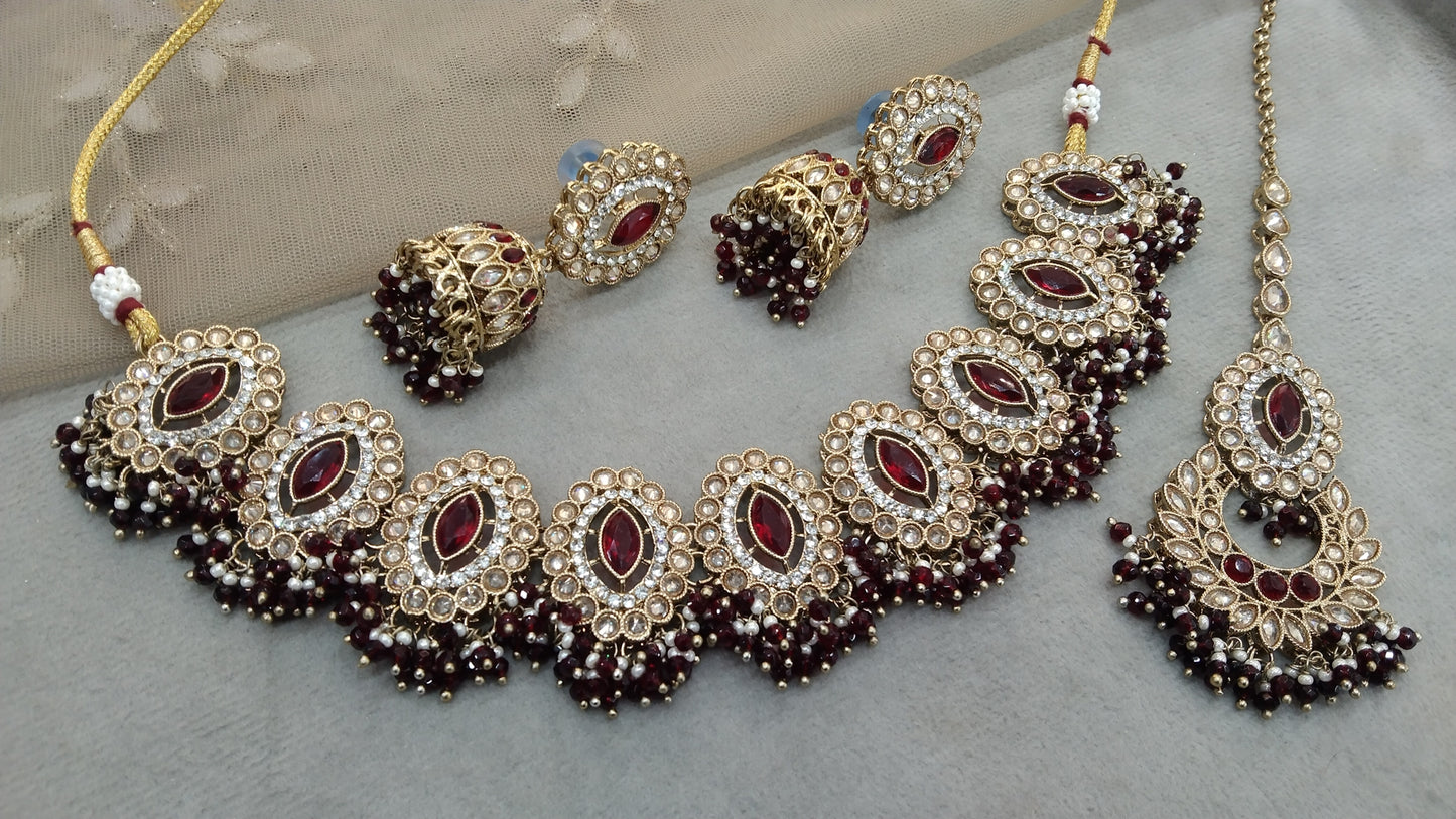 Antique Gold Maroon Necklace Set/ Dark Gold Indian Bridal Inaaya Jewellery Online