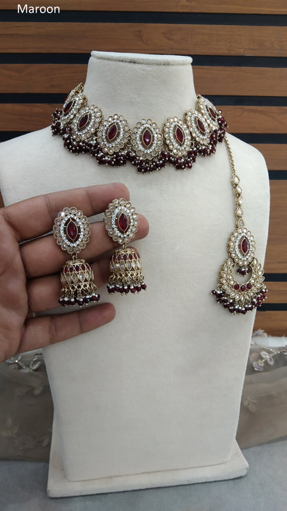 Antique Gold Maroon Necklace Set/ Dark Gold Indian Bridal Inaaya Jewellery Online