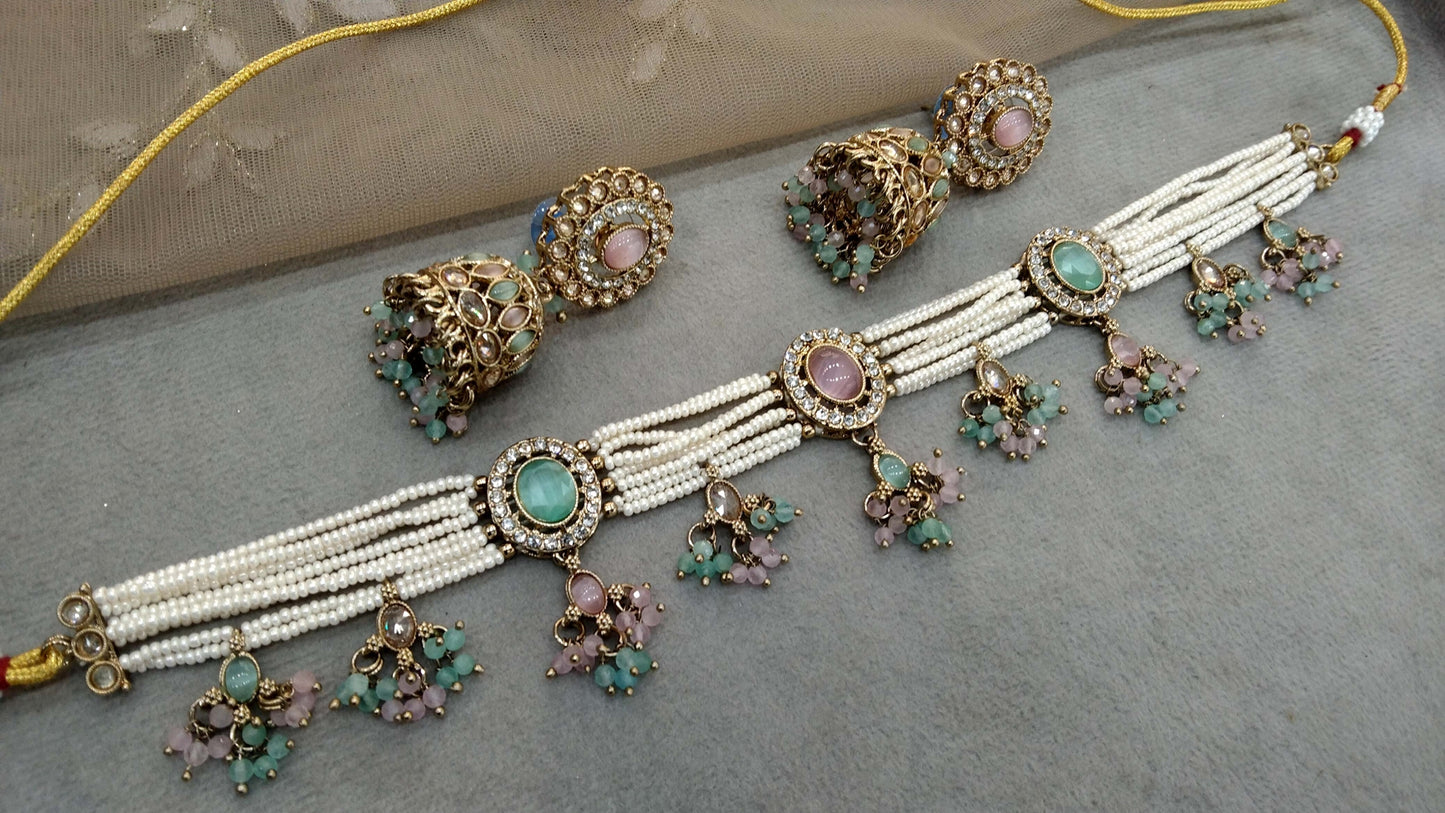 Antique Gold Mint Pink Choker Set/ Dark Gold Indian Bridal Juliet Jewellery Online