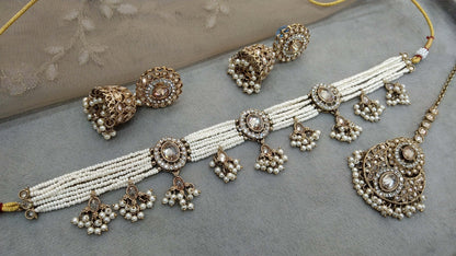 Antique Gold with white crystals Choker Set/ Dark Gold Indian Bridal Juliet Jewellery Online