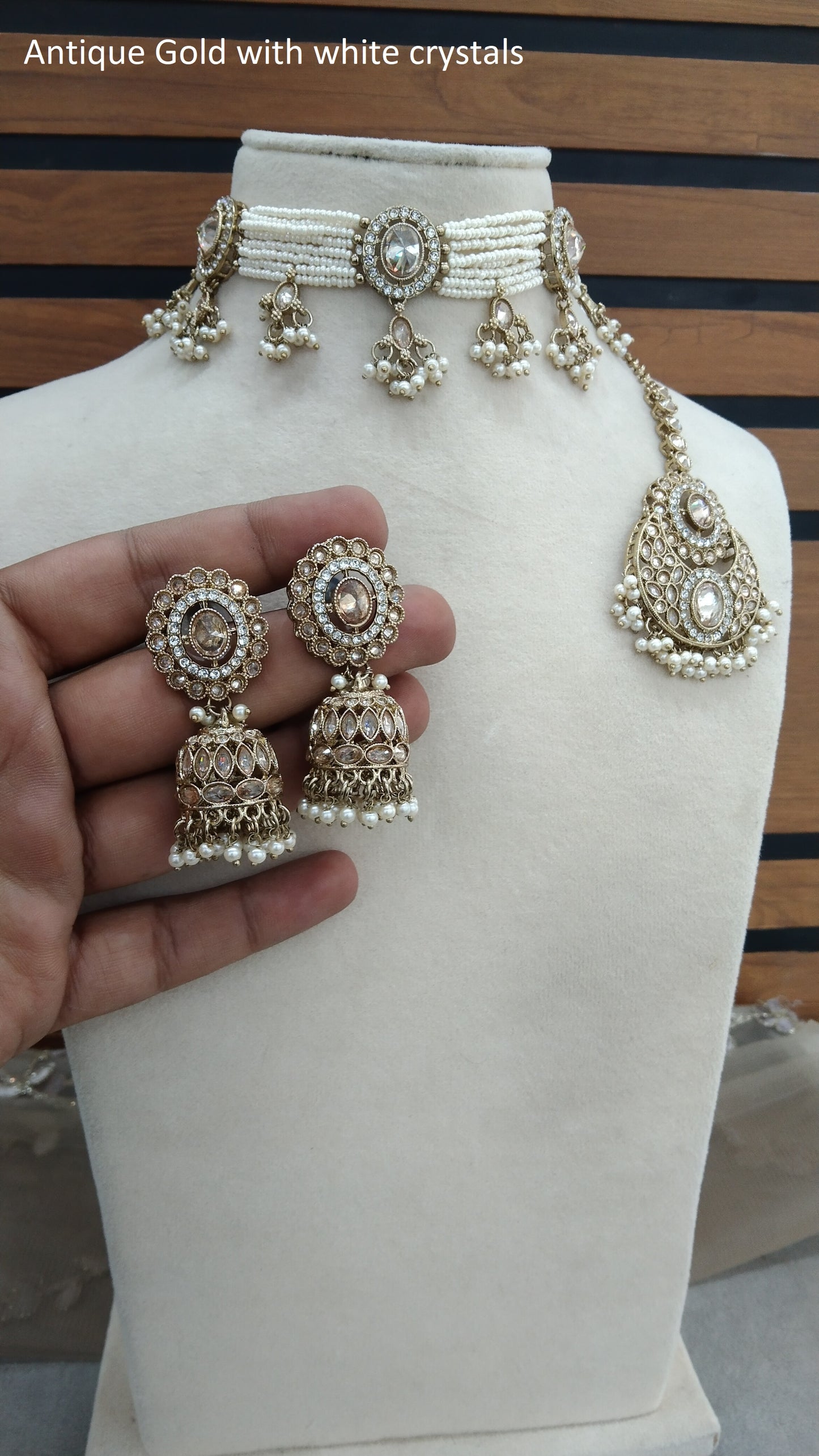 Antique Gold with white crystals Choker Set/ Dark Gold Indian Bridal Juliet Jewellery Online