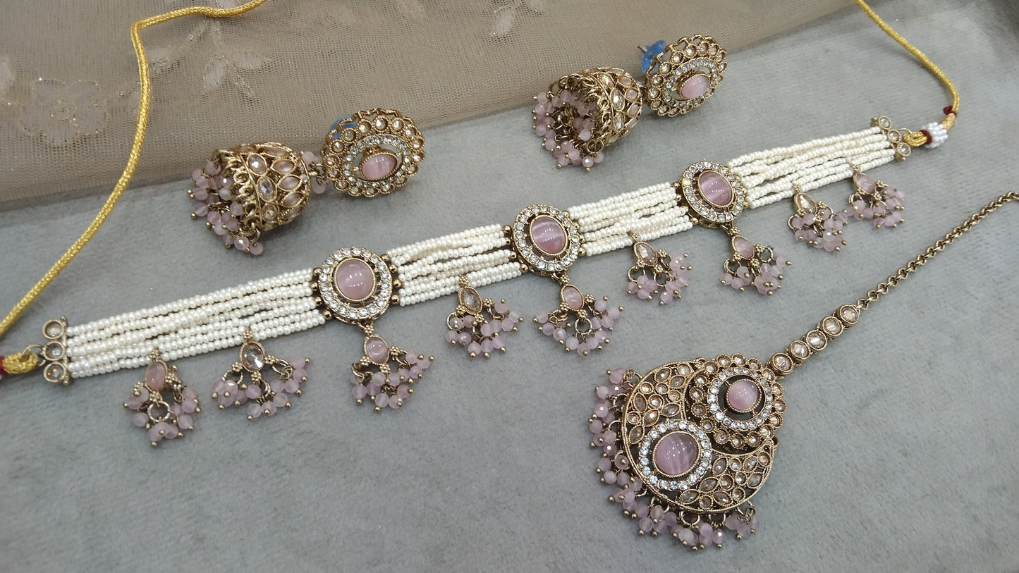 Antique Gold Baby pink Choker Set/ Dark Gold Indian Bridal Juliet Jewellery Online